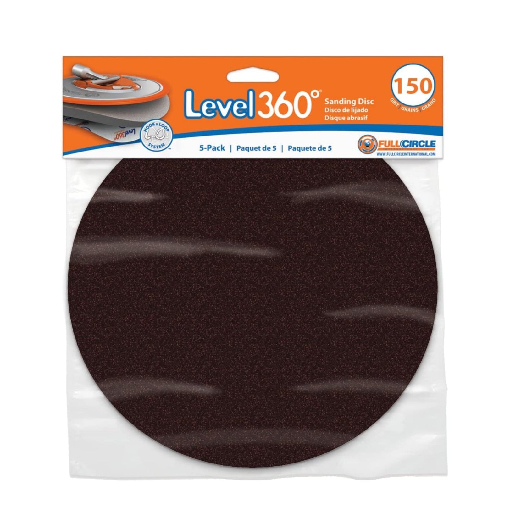 The image displays a FULL CIRCLE SD150-5 package with Level 360° 8-3/4 in. sanding discs. The orange and blue packaging showcases a large brown disc. Text indicates aluminum oxide, 5-pack, 150 grit, suitable for round sanders.